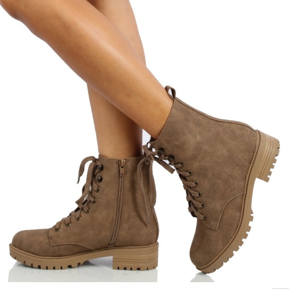Taupe Lace up Combat Block Low heel ankle boot
